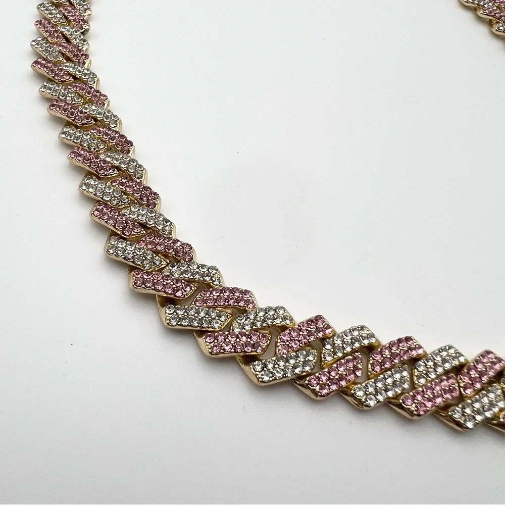 Pink Gold Diamond Bling Cuban Chain Dog Necklace 20 inches